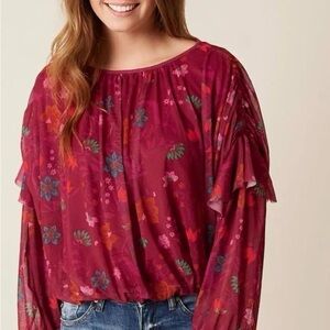 Free People Wildflower Honey Mesh Floral Ruffle Top Size Small